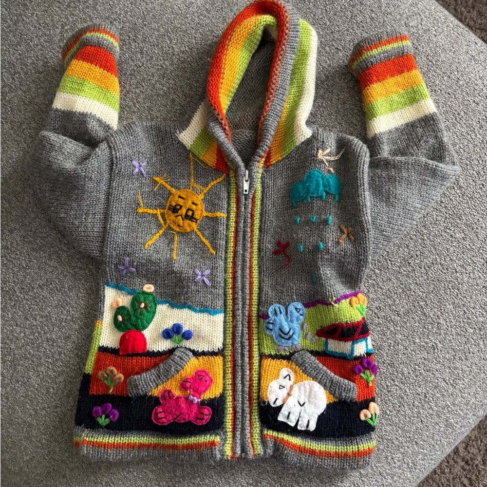 Handmade Peruvian Arpillera Toddler Hoodie sweater | 3D Storybook Knit | 4T